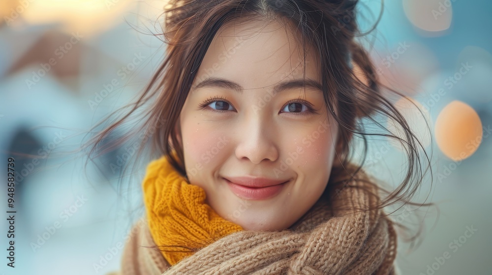Happy young Asian woman enjoying a winter afternoon outdoors with a warm scarf and joyful smile Happy young Asian woman enjoying a winter afternoon outdoors with a warm scarf and joyful smile