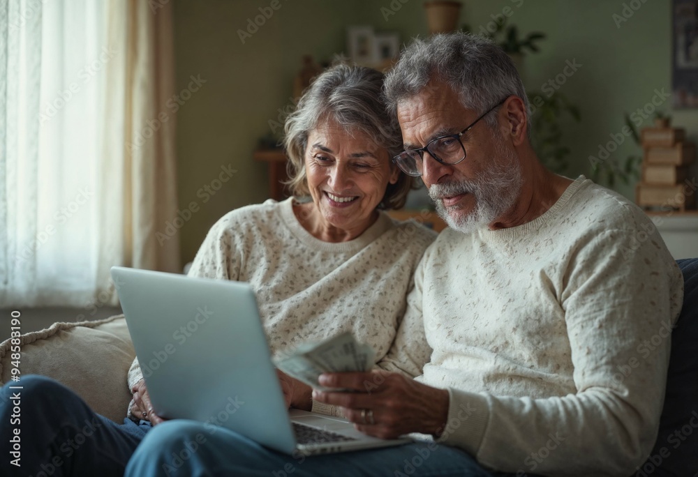 Senior couple managing finances at home, using a laptop and counting money while sitting on the sofa Senior couple managing finances at home, using a laptop and counting money while sitting on the sofa