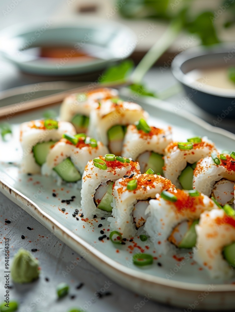 Delicious Spicy Sushi Rolls with Shrimp and Cucumber Delicious Spicy Sushi Rolls with Shrimp and Cucumber