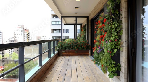 Wallpaper Mural A large terrace with light-colored wooden flooring, decorated with green plants and flowers on the side Torontodigital.ca