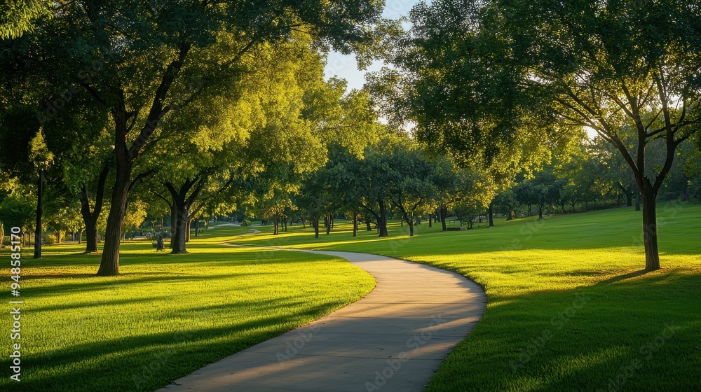 Scenic park with walking paths and trees, providing a serene background with generous copy space for creative designs Scenic park with walking paths and trees, providing a serene background with generous copy space for creative designs