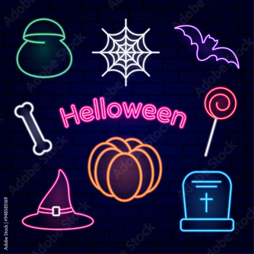 Halloween holiday. Neon colorful stickers, pictures, icons for Halloween holiday on blue brick wall background.