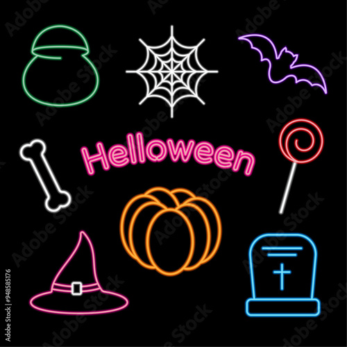 Halloween holiday. Neon colorful stickers, pictures, icons for Halloween holiday on black background.