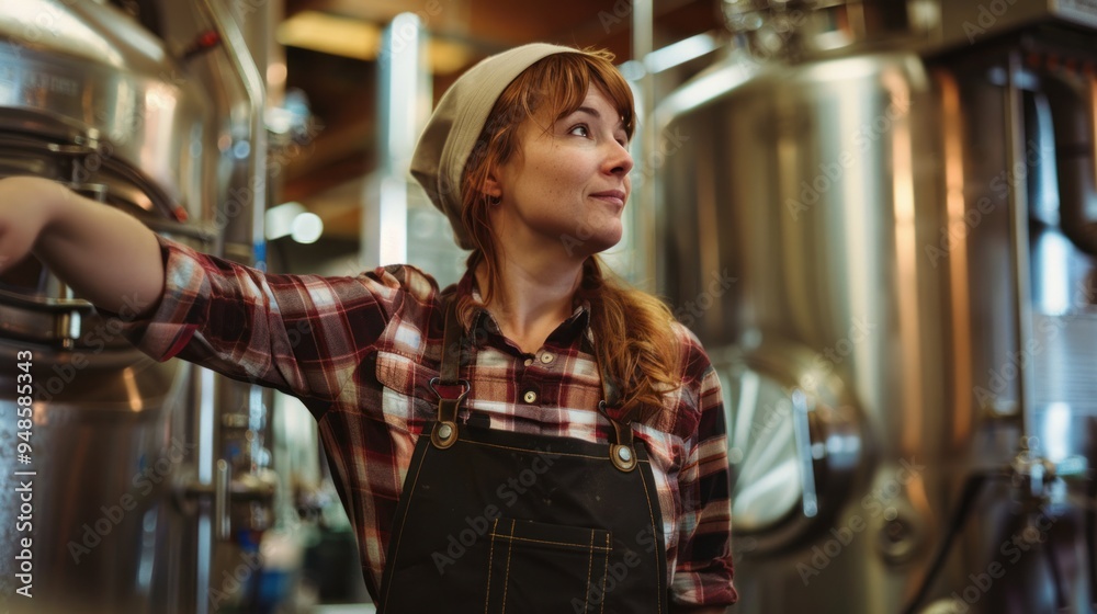 A woman makes beer wearing a cute apron at a brewery. A woman makes beer wearing a cute apron at a brewery.