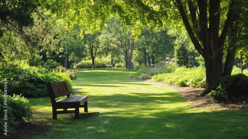 Serene park setting with lush greenery and ample copy space, perfect for a peaceful and inviting outdoor design Serene park setting with lush greenery and ample copy space, perfect for a peaceful and inviting outdoor design