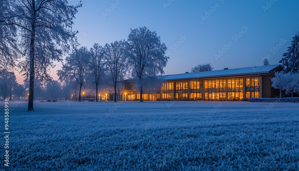 Obraz premium Frosty Dawn at Secluded Conference Center with Icy Ground and Warm Lights, Crisp and Inviting Atmosphere, Photo Realistic