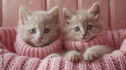 Kittens in matching pink knitted hats and sweaters, close-up shot, sitting together, looking at camera, autumn setting, soft fur, warm and cozy.