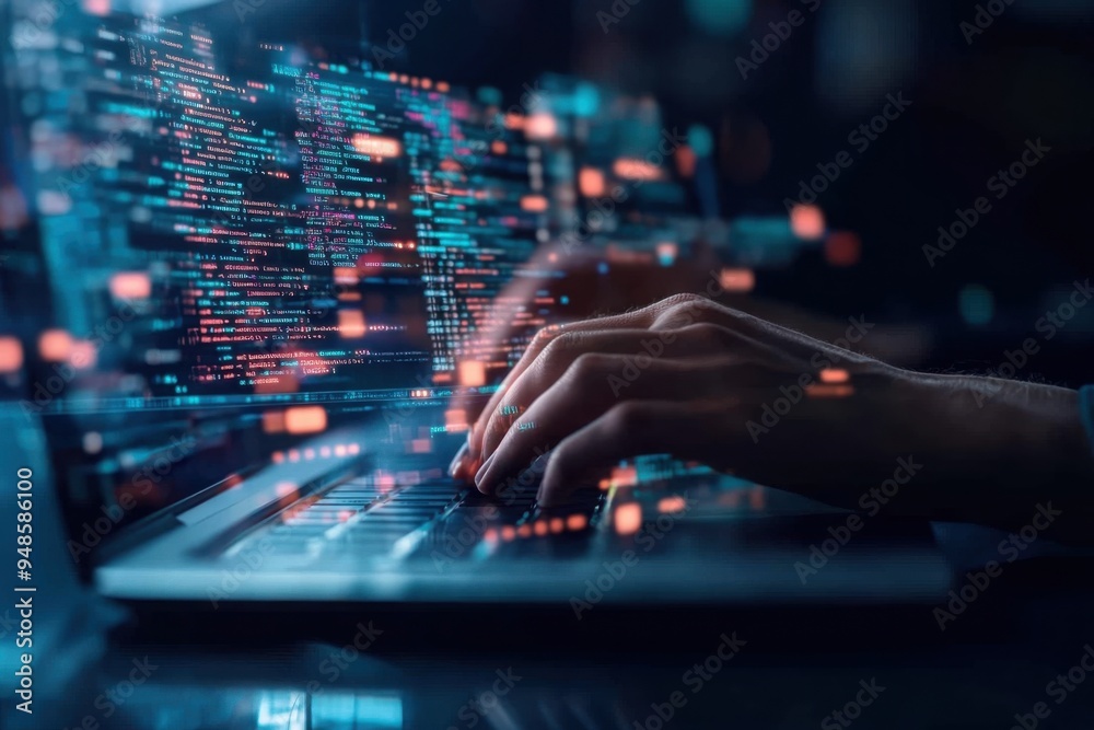 Close-up of hands typing on a laptop keyboard with glowing digital code overlays, representing coding, programming, and cybersecurity Close-up of hands typing on a laptop keyboard with glowing digital code overlays, representing coding, programming, and cybersecurity