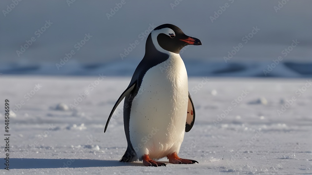 Obraz premium A solitude magnificent King penguin standing proudly on a snowy landscape.it is the ice-Bird. 