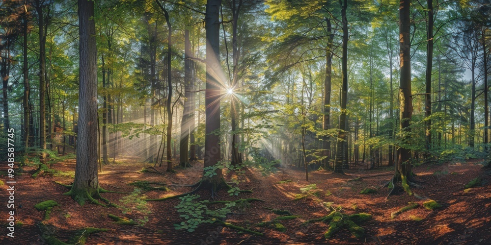 Fototapeta premium Sun rays through forest trees.
