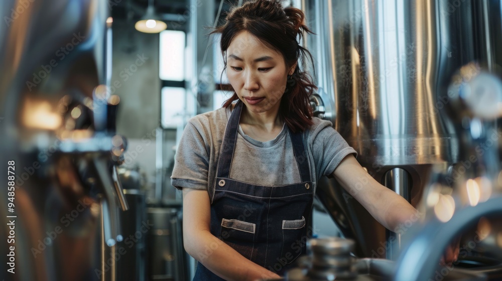 Asian woman brews beer in a cutesy apron at a brewery Asian woman brews beer in a cutesy apron at a brewery