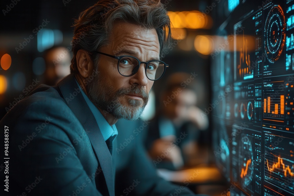 confident businessman delivering presentation in modern conference room holographic data visualizations float above attentive colleagues highlighting futuristic workplace technology