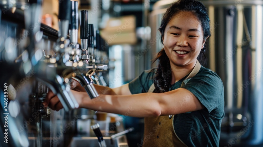 Asian woman brews beer in a cutesy apron at a brewery Asian woman brews beer in a cutesy apron at a brewery