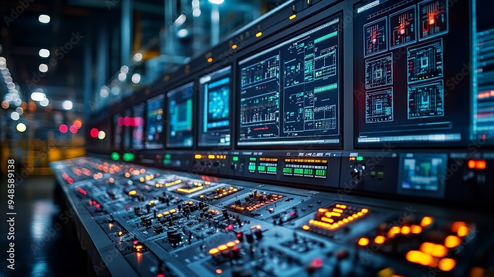 Command Center: A symphony of data illuminates a high-tech control room, pulsating with the rhythm of industry and innovation. 