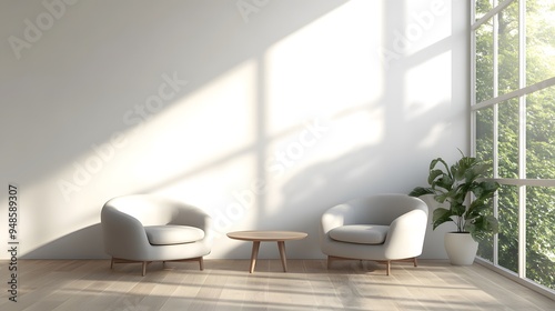 Two armchairs and a coffee table in a minimal, modern living room with a white wall mock-up background, panoramic view, wide angle, large floor-to-ceiling windows, wooden flooring, minimal style