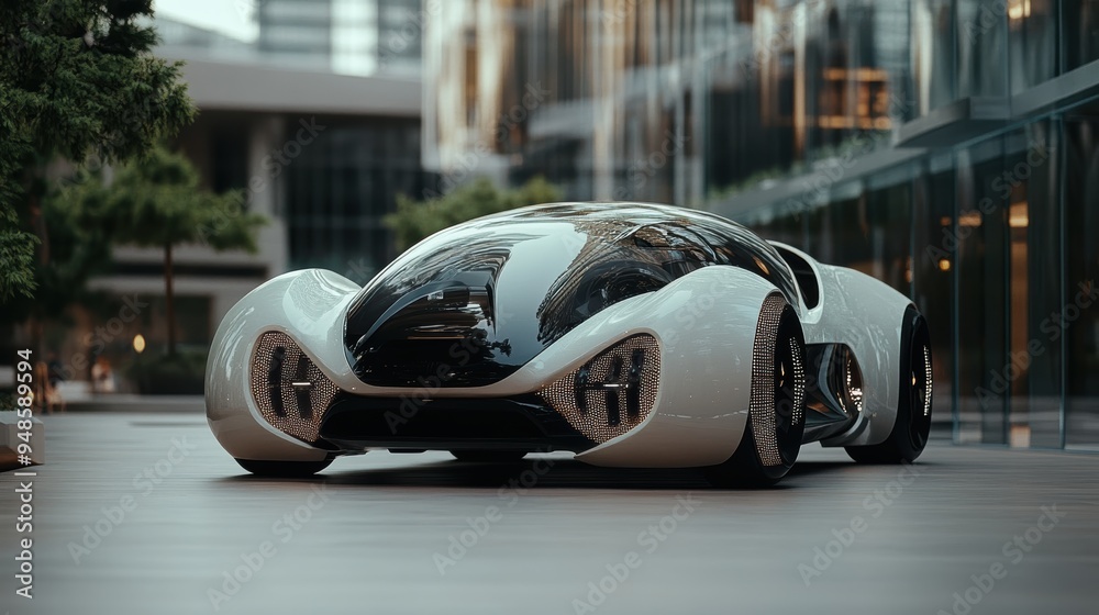 Fototapeta premium A modern architectural backdrop highlights the sleek, aerodynamic design of this futuristic electric sports car, showcasing the latest in automotive technology.