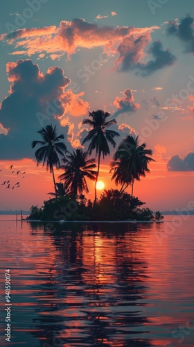 Silhouette of palm trees on an island with a sunset sky.