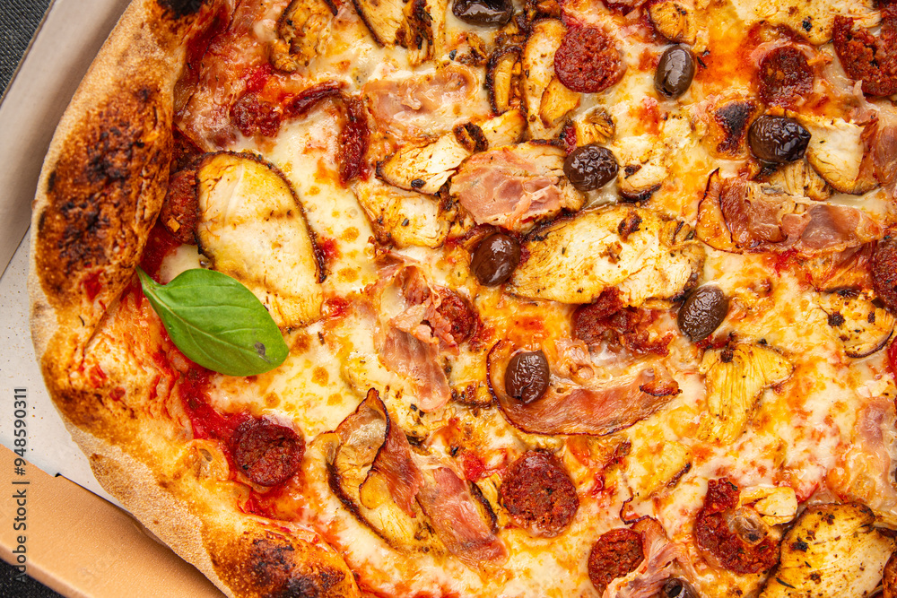 pizza chicken meat, sausages, olives, cheese, tomato sauce.fresh meal food snack on the table copy space food background rustic top view
