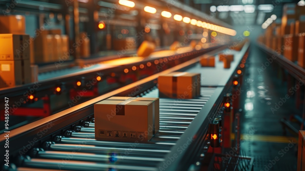 Parcels moving on a conveyor belt in an automated distribution center during daylight hours Parcels moving on a conveyor belt in an automated distribution center during daylight hours