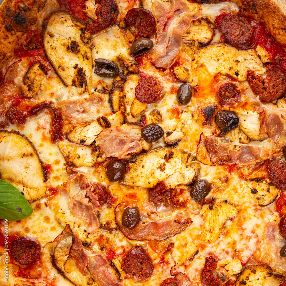 pizza chicken meat, sausages, olives, cheese, tomato sauce.fresh meal food snack on the table copy space food background rustic top view pizza chicken meat, sausages, olives, cheese, tomato sauce.fresh meal food snack on the table copy space food background rustic top view