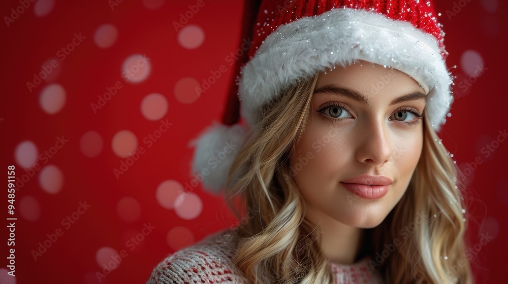 Festive woman model wearing a Santa hat against a vibrant red backdrop with glowing lights Festive woman model wearing a Santa hat against a vibrant red backdrop with glowing lights
