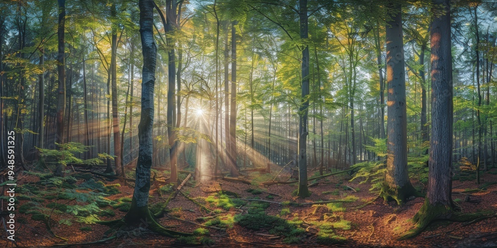 Obraz premium Sunbeams Through Trees in Misty Forest.