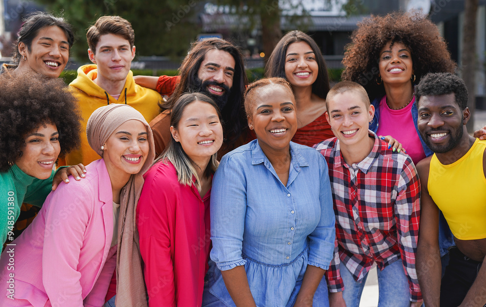 Fototapeta premium Crowd of multiracial people enjoy day together in the city - Diverse young friends having fun outdoor