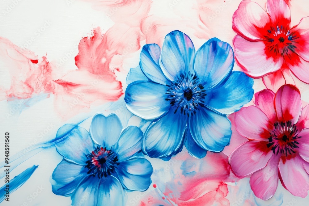 Fototapeta premium A stunning and beautiful watercolor artwork featuring a multitude of colorful blossoms, skillfully blending shades of blue and pink hues within a minimalist floral pattern that captivates the eye