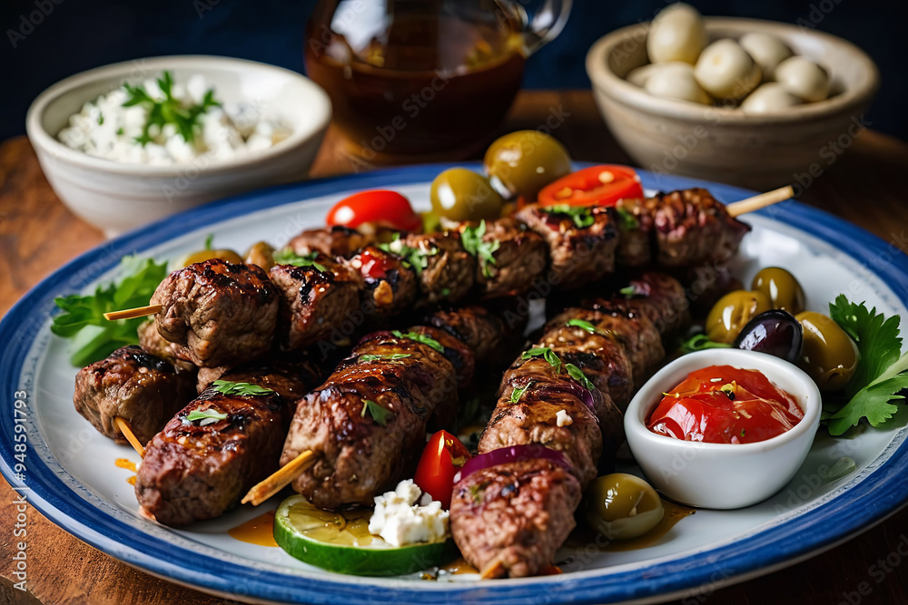 a adana kebab on a platter with olives and feta cheese a adana kebab on a platter with olives and feta cheese