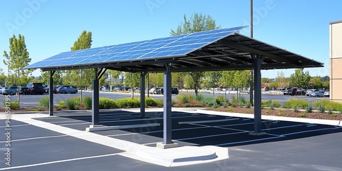 A solar panel canopy is set up in the parking lot of an office building