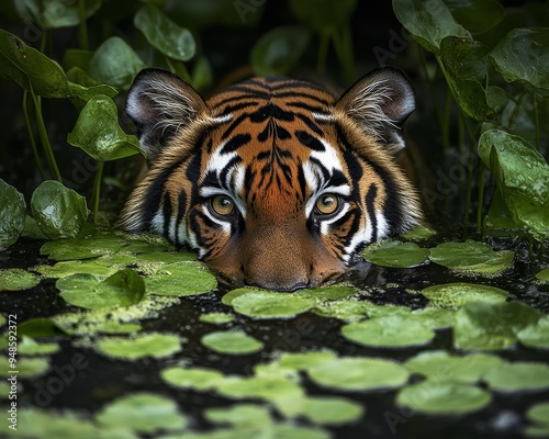 Elusive Water Tiger Camouflaged Among Aquatic Flora in Pond. photo