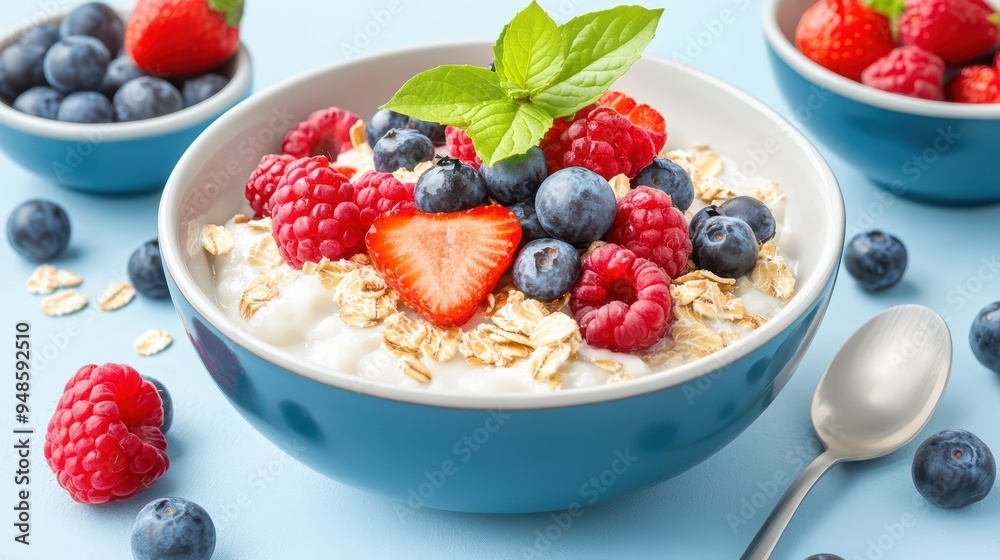 A fresh bowl of yogurt topped with mixed berries and oats, perfect for a healthy breakfast or snack. A fresh bowl of yogurt topped with mixed berries and oats, perfect for a healthy breakfast or snack.