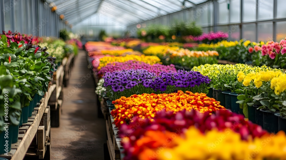164. **A modern greenhouse with rows of colorful flowering plants. 164. **A modern greenhouse with rows of colorful flowering plants.