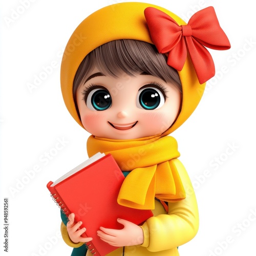 Cute Cartoon Girl Holding Book   D Render  Isolated photo