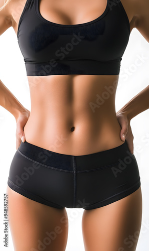 Closeup woman body. Fitness woman showing abs and flat belly isolated on white background