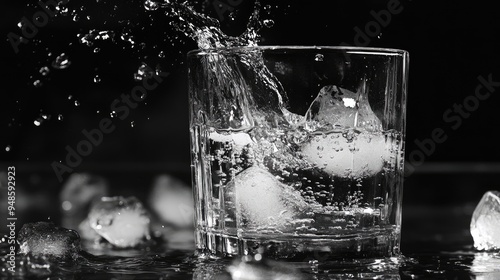 Glass of Water with Ice Cubes and Splash