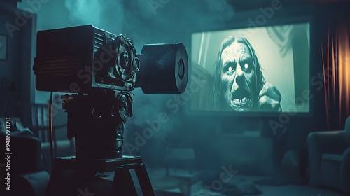 A vintage movie projector casting a horror movie on a big screen photo