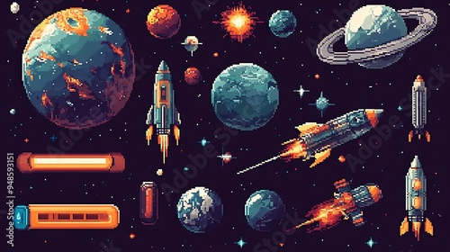 Fototapeta Naklejka Na Ścianę i Meble -  8bit pixel art game asset collection, featuring space planets, rockets, and starcraft, alongside a vector font and pixelated