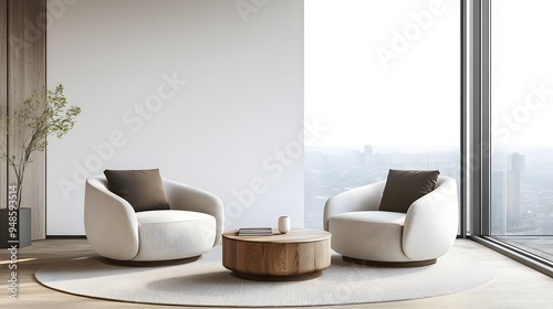 Two armchairs and a coffee table in a minimal, modern living room with a white wall mock-up background, panoramic view, wide angle, large floor-to-ceiling windows, wooden flooring, minimal style