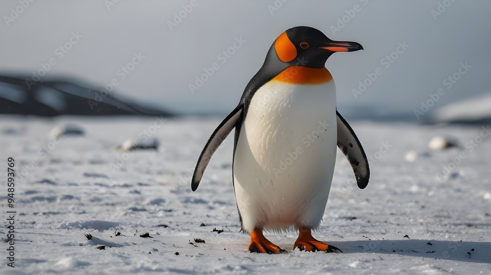 Obraz premium A solitude magnificent King penguin standing proudly on a snowy landscape.it is the ice-Bird. 