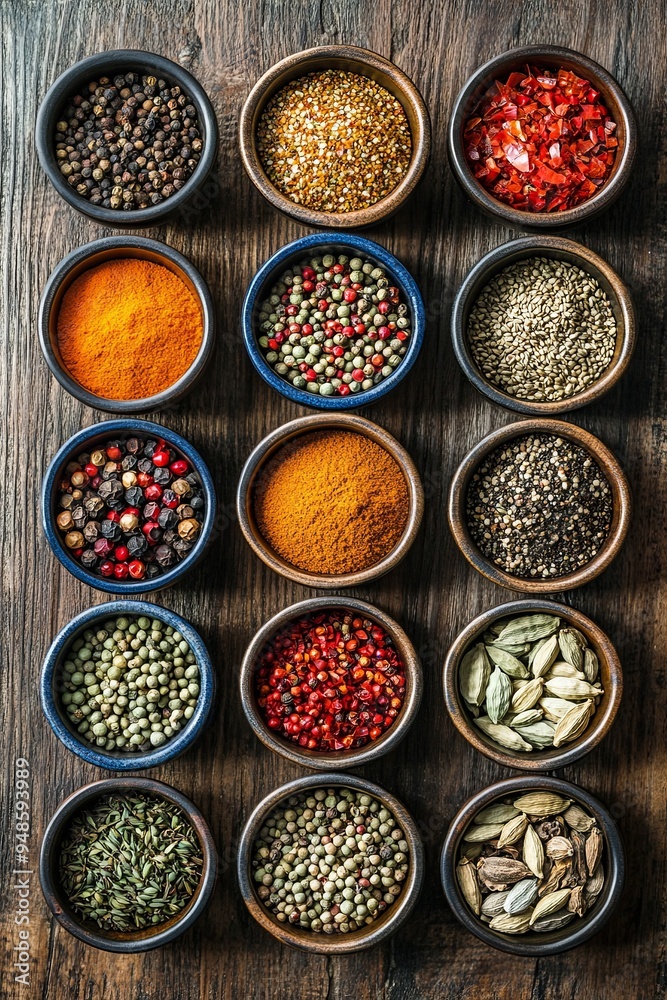 Top view of many small bowls with different types of spices lying on a wooden background Top view of many small bowls with different types of spices lying on a wooden background
