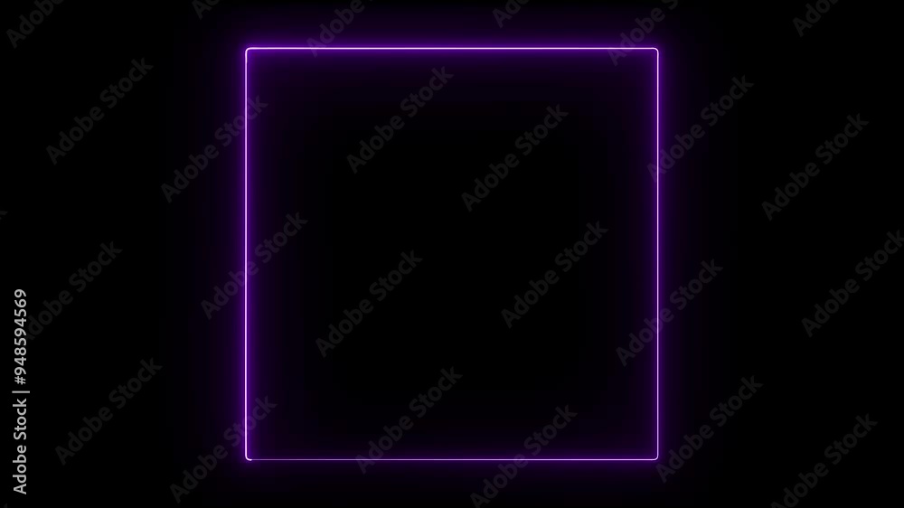 Square animation by neon icon in purple color on black background.