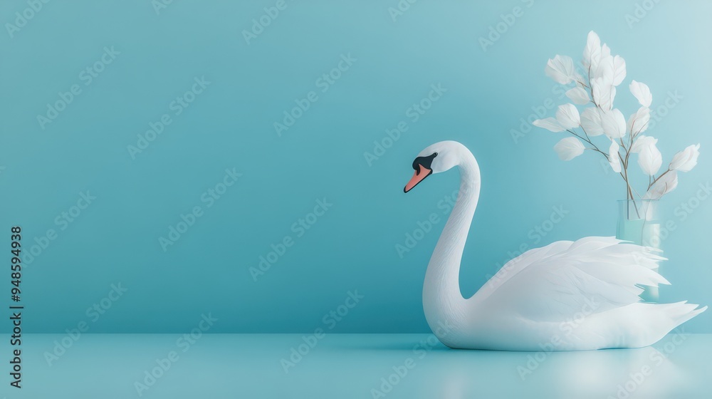 Fototapeta premium White Swan Figurine with Flowers on Turquoise Background