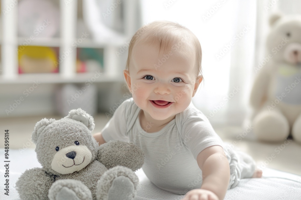 Baby with grey teddy bear on soft white mat. Baby with grey teddy bear on soft white mat.