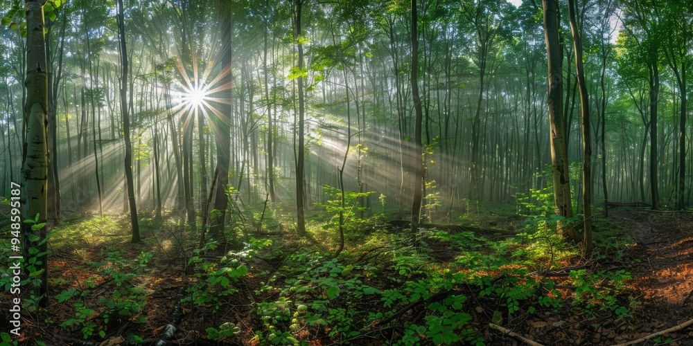 Sunlight streaming through a dense forest. Sunlight streaming through a dense forest.