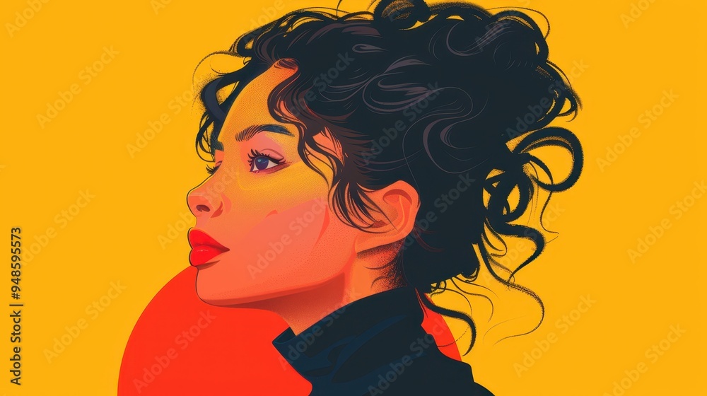 Vibrant flat style vector portrait of a woman with curly hair against a bright yellow background Vibrant flat style vector portrait of a woman with curly hair against a bright yellow background