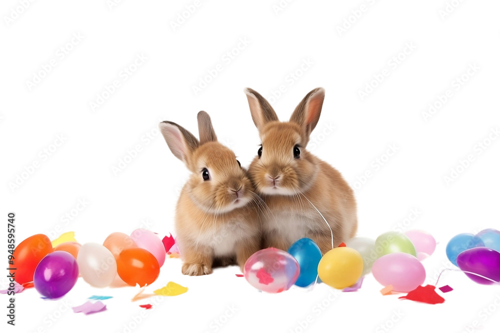 Playful Rabbits with Toys on White Background Playful Rabbits with Toys on White Background