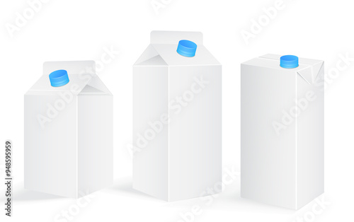  An illustration of a clean and minimalistic 3D illustration of three blank milk cartons with blue caps. The cartons are displayed against a plain white background