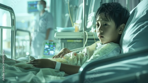 Compassionate Care: Hyper-Realistic Image of Child with Dengue Fever in Hospital Bed Being Attended by Nurse