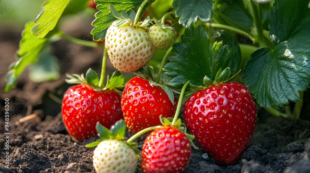 167. **A close-up of ripe strawberries on the vine in a garden. 167. **A close-up of ripe strawberries on the vine in a garden.